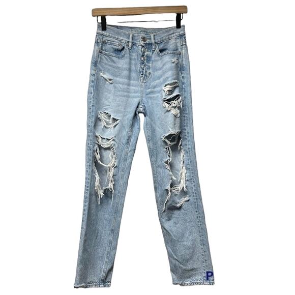 American Eagle Jean 90s Boyfriend Distressed Ripped High Rise Button Fly Size 00 - Picture 1 of 6